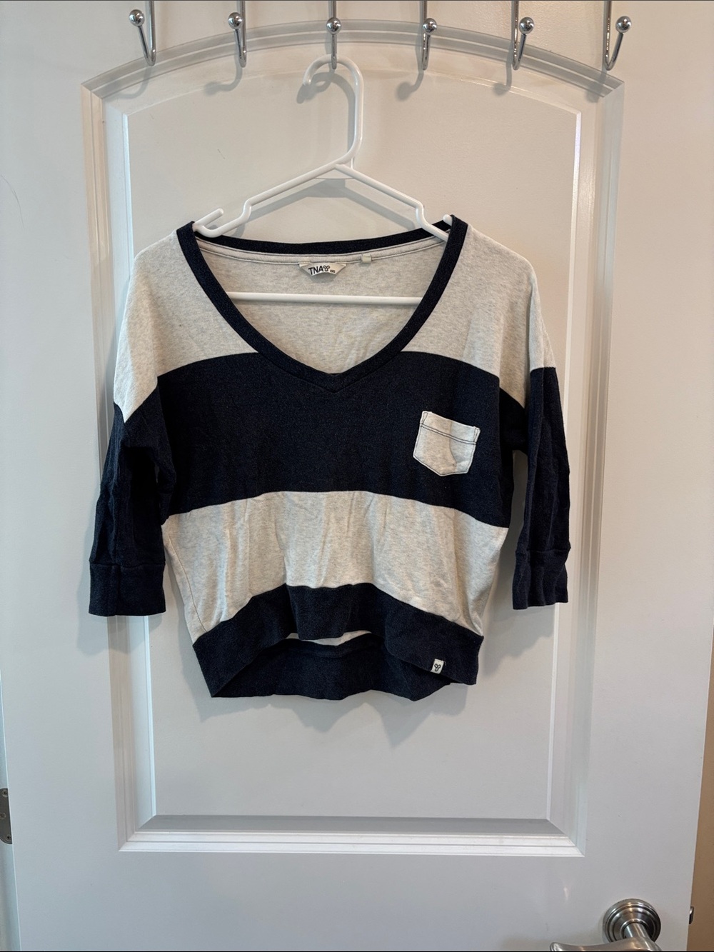 TNA Wide-Striped V-Neck Cropped Top in Black and Cream